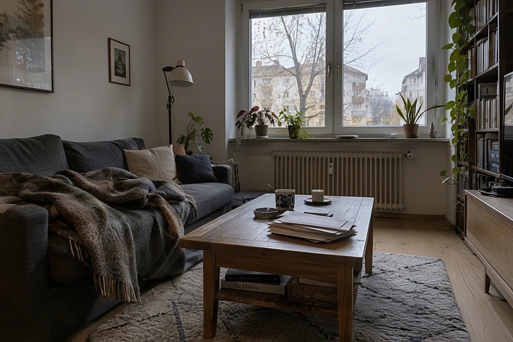 Wohnzimmer mit Wolldecke auf dem Sofa, Heizkörper auf niedrigster Stufe und ungeöffneten Briefen
